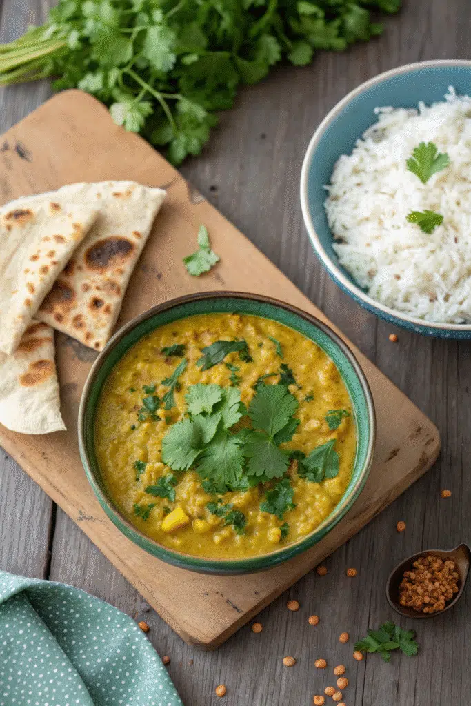 bowl of moringa dal with rice and coriander garnish