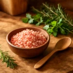 Pink Himalayan salt crystals in rustic kitchen setting