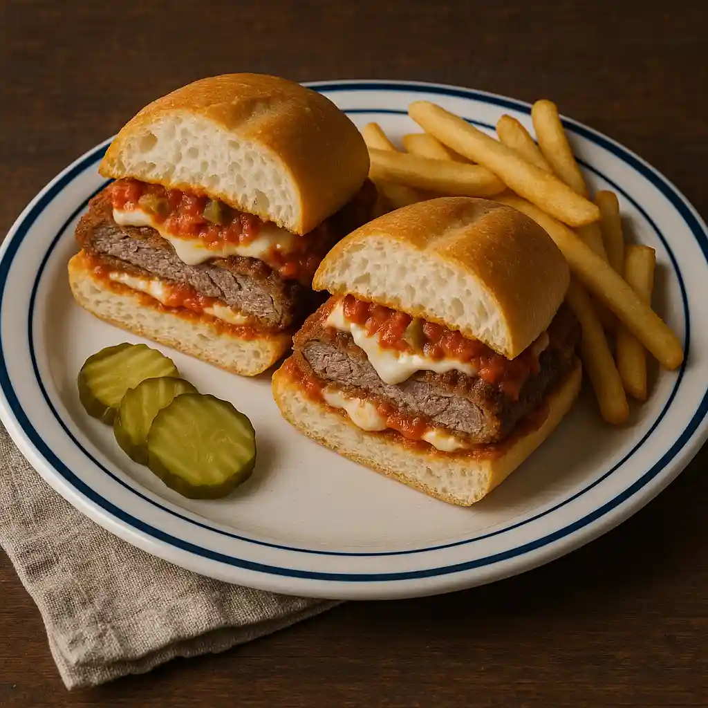 served breaded steak sandwich with fries