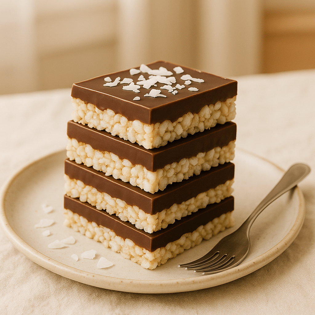  Rice chocolate cake bars stacked on dessert plate