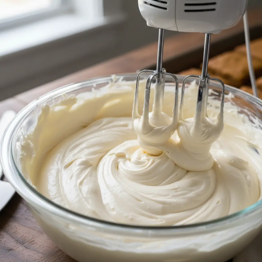 Electric mixer whipping smooth cream cheese frosting for pumpkin bars - perfect fluffy consistency for spreading
