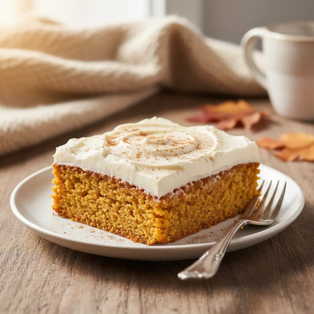 Single slice of moist pumpkin bar with thick cream cheese frosting and cinnamon garnish on white plate with fork
